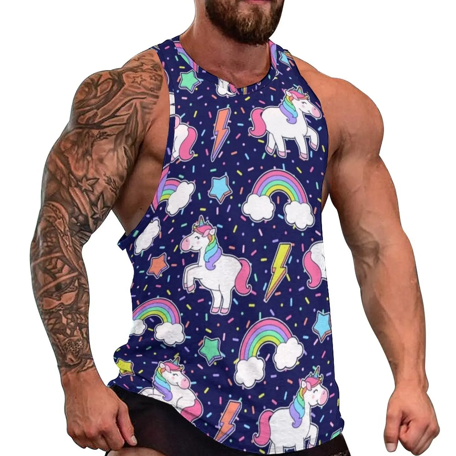 

Cute Unicorn Tank Top Mens Rainbow Star Streetwear Tops Summer Bodybuilding Design Sleeveless Vests Plus Size 4XL 5XL