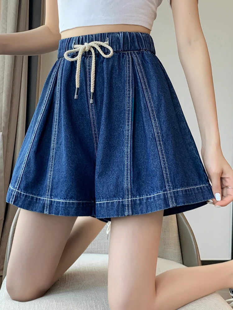 New Summer Elastic High Waist Denim Shorts Women Casual Lace-up Wide Leg Jean Shorts Lady Fashion Solid Color Shorts