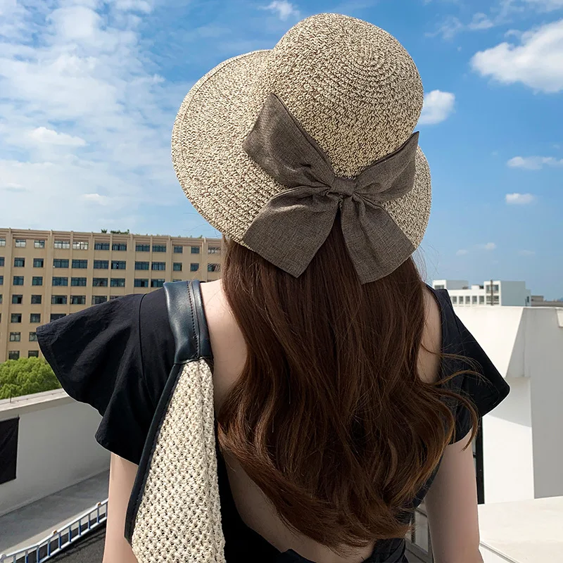 

New Straw Hat For Women Foldable Wide Brim Floppy Girls Sun Hat Bow Tie Beach Women Summer Hat Travel Cap Lady Cap Women Hat