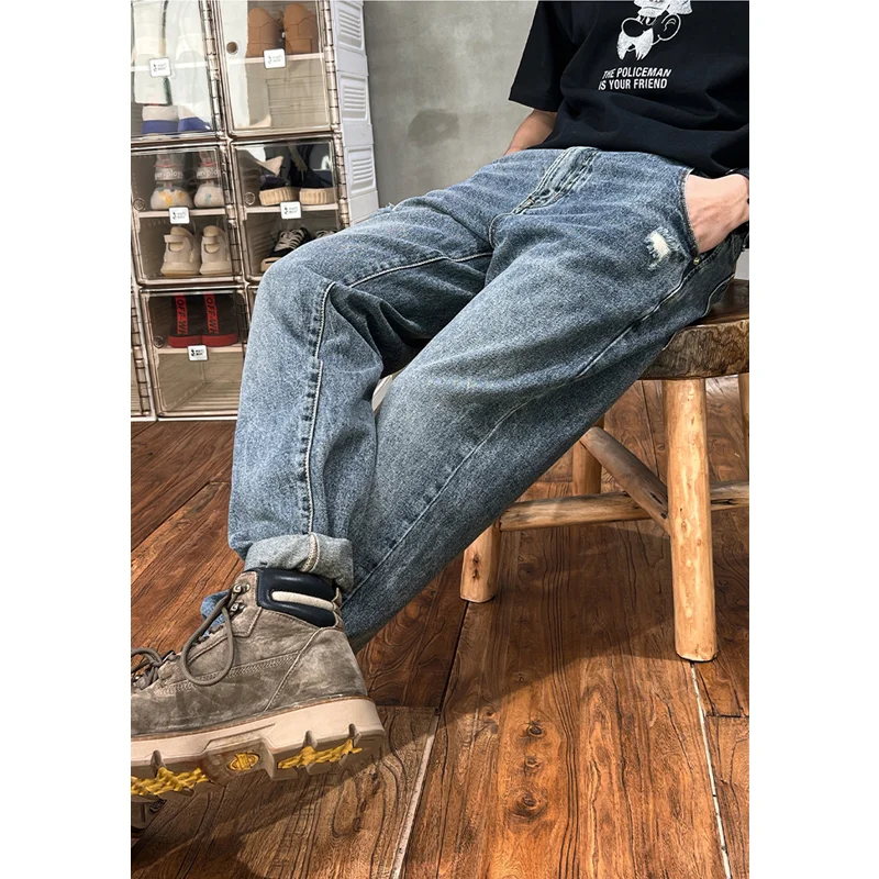 Streetwear Men Vintage Recreational Blue Ripped Jeans Loose Straight Cylinder Broad Leg Trousers Autumn Female 2022 New Style
