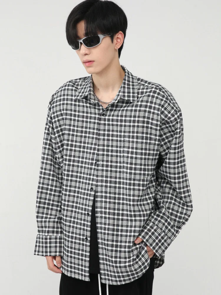 

SYUHGFA 2022 Autumn Lapel Personality Plaid Long Sleeve Shirt For Men Single Pocket Loose Korea Streetwear Shirts Men Clothing