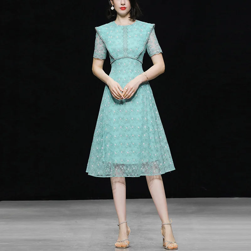 

Vintage Blue Floral Embroidery Summer Dress Women 2022 Elegant O-neck Short Sleeve Lace Dresses Midi Ropa Mujer