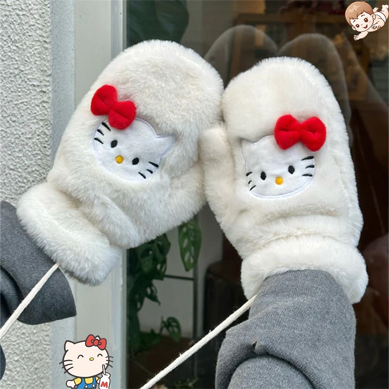 

Милые плюшевые перчатки Sanrio Hellokittys, милые зимние теплые ветрозащитные перчатки для девушек в стиле аниме, подарок