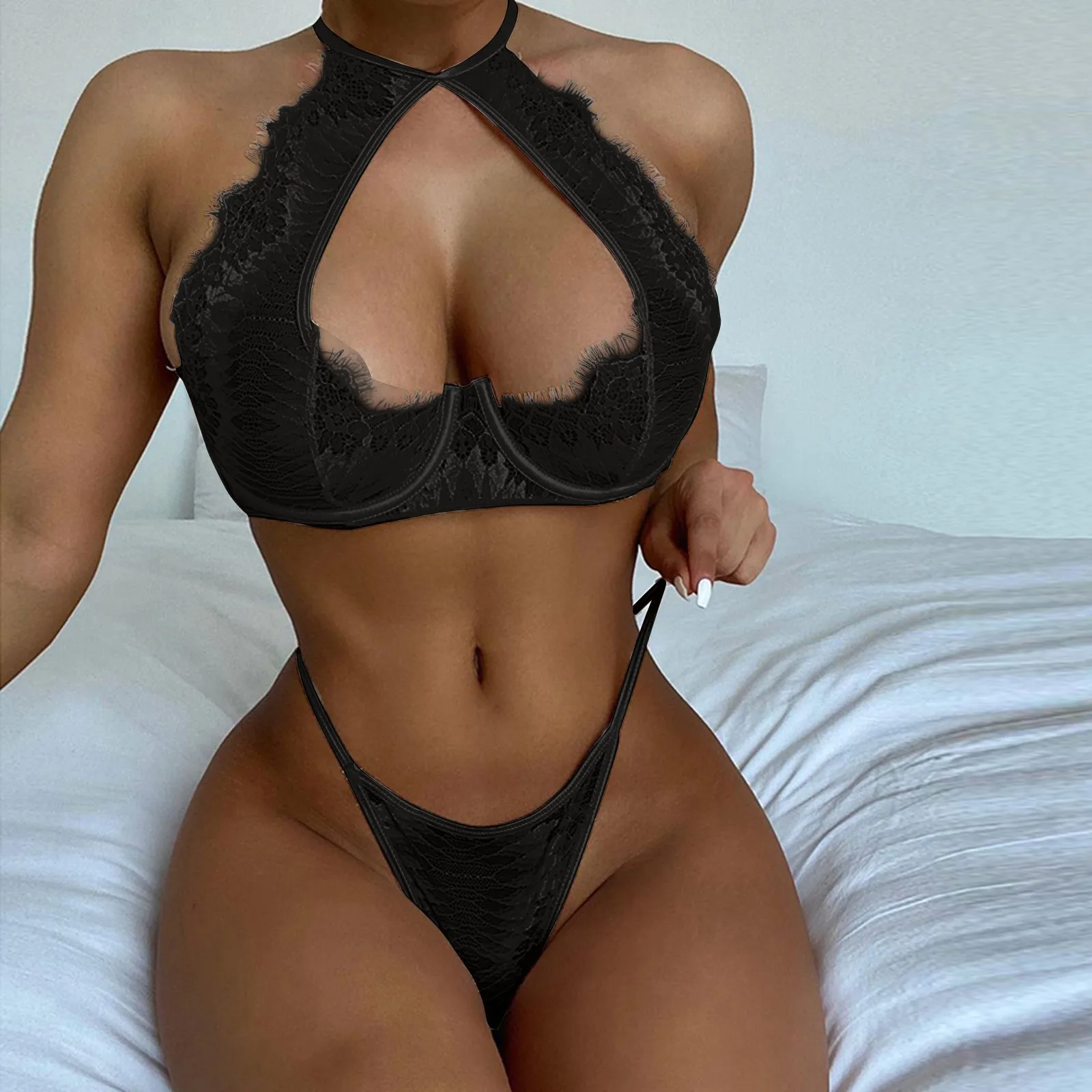 

Underwire Bra And Thongs 2022 Sensual Lingerie Woman Halter Exotic Costumes Neck Black Erotic Lingerie Exotic Sets Нижнее Белье