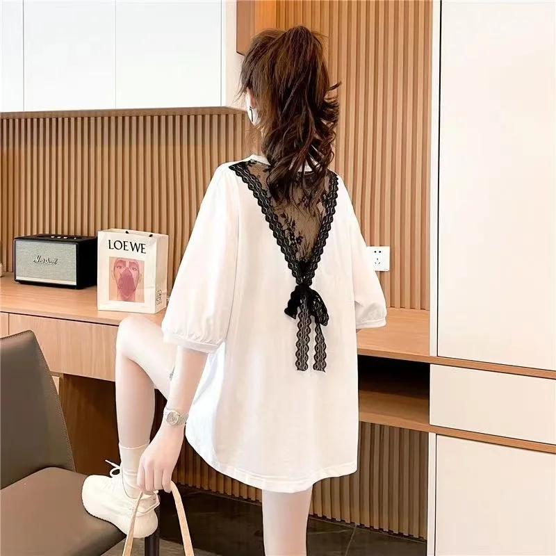 

T-shirt Ladies 2023 Summer new Y2K alphabet Lace Backless Short sleeve fashion loose sexy Spice Girl white plus size top