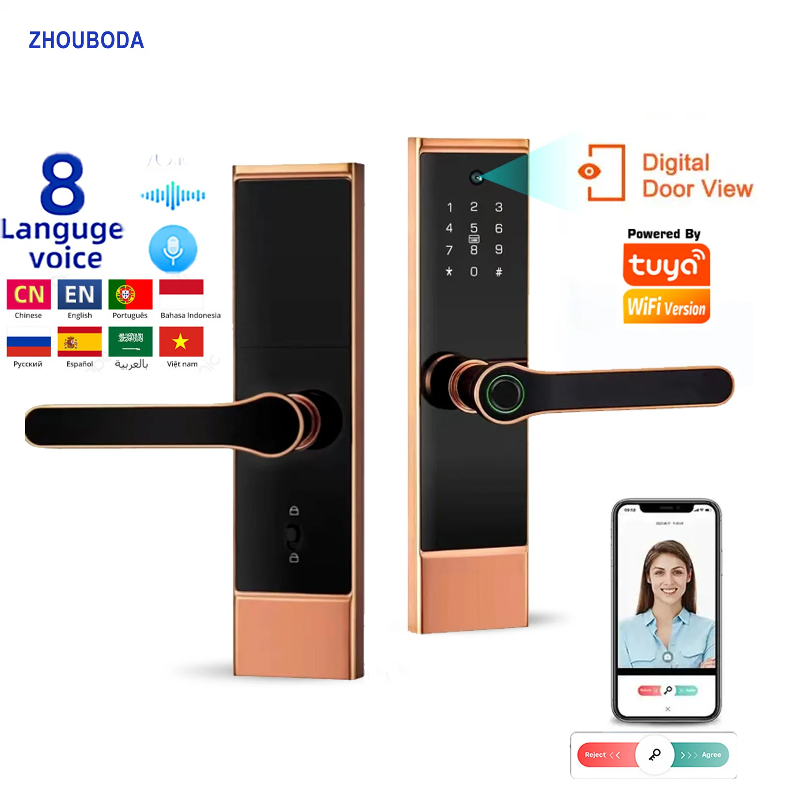 

Camera Tuya Wifi Electronic Smart Door Lock With Peephole Biometric Fingerprint Lock RFID Card APP Digital Password Key Unlock