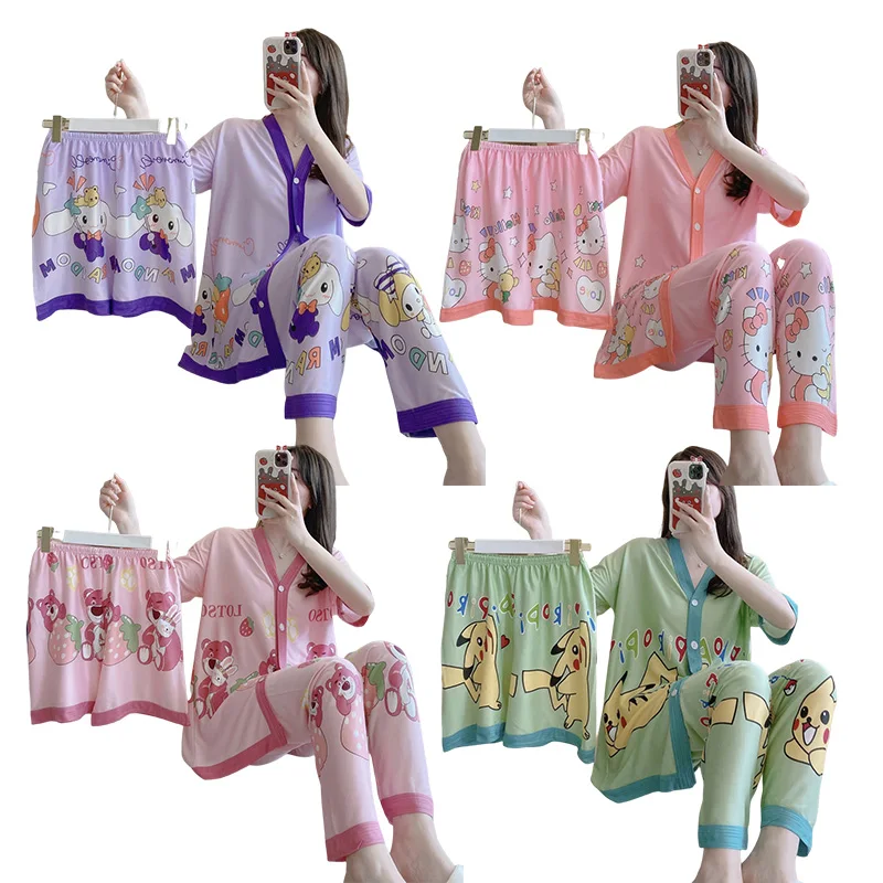 

Kawaii Sanrio cartoon Cinnamoroll summer Three-piece short-sleeved trousers Pajamas Homewear Gift for friends Christmas birthday