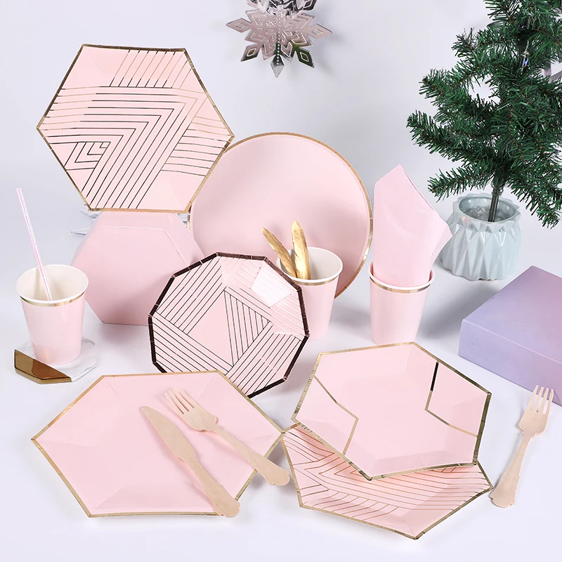 

Rose Gold Party Disposable Tableware rose gold Cups Plates Straw Adult Birthday Baby Bridal Shower Party Decorate Party Supplies