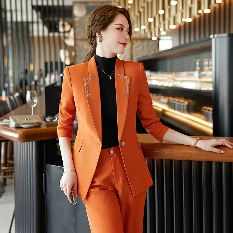 IZICFLY New Autumn Spring Orange Suits For Women 2022 Slim Office Outfits Business Blazer Sets With Pant Work Wear Two Piece