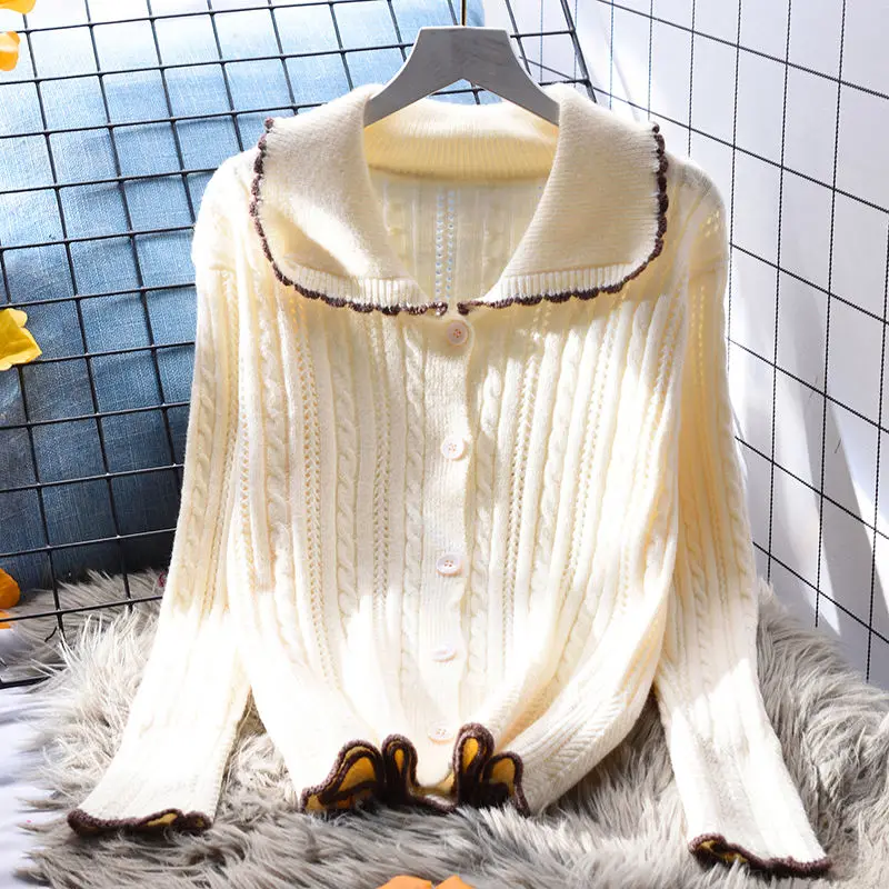 

2023 Spring and Autumn Polo Collar Sweater Knitted Cardigan Loose Long-Sleeved Cashmere Cardigan Temperament Lapel Jacket D62