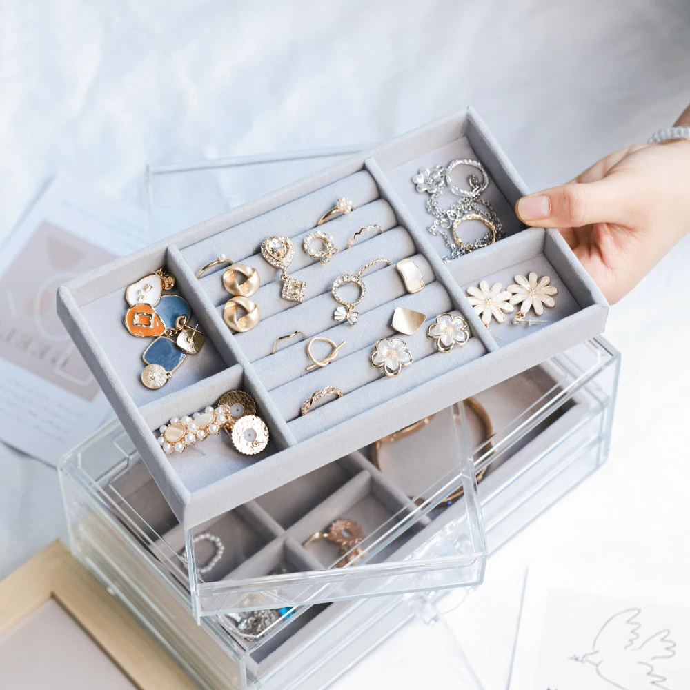 Clear Acrylic Velvet Three-Layer Jewellery Storage Box Earring Rings Necklace Large Space Jewellery Case Holder Women Gift