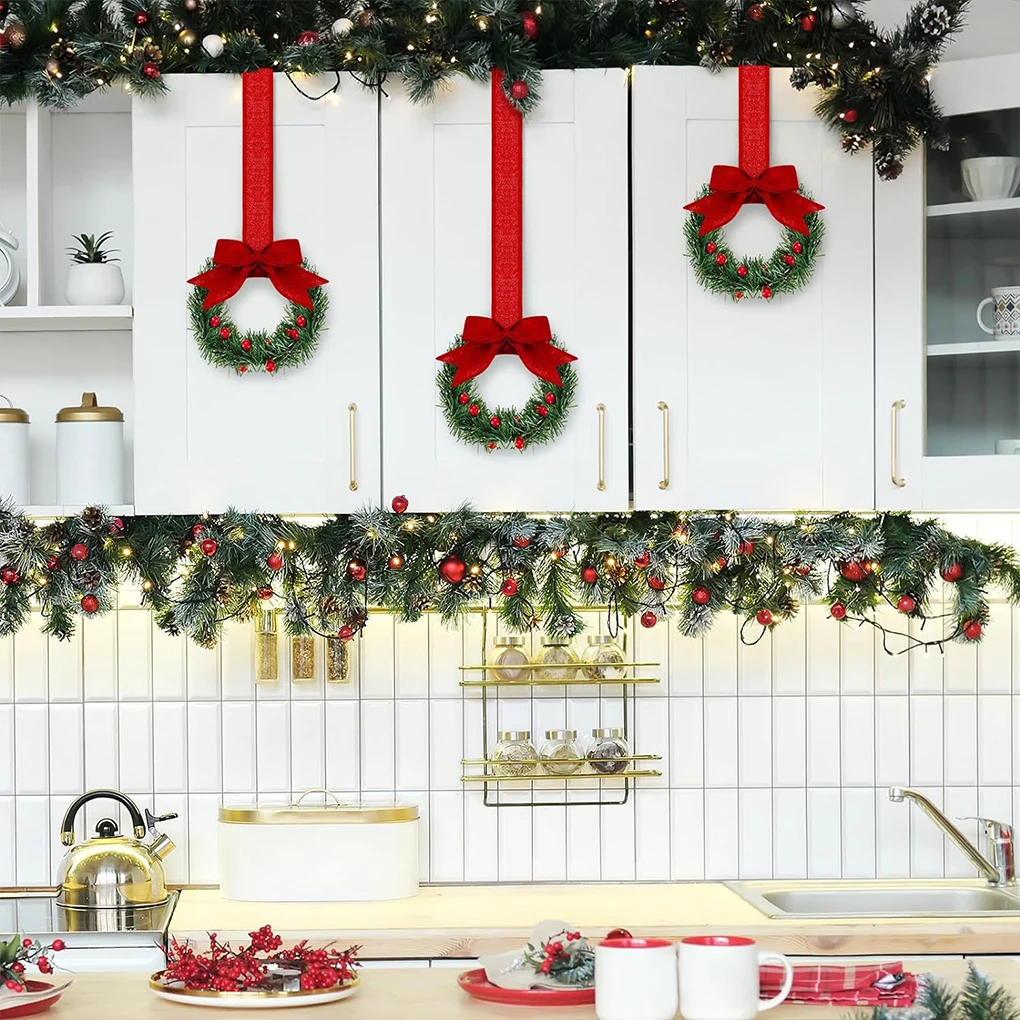 4Pcs Christmas Kitchen Tree Cabinet Wreaths with Berry Bow Home Decoration For Festival Gifts Freinds