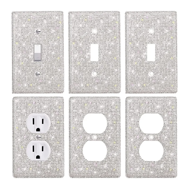 

6 Pcs Bling Light Switch Cover Shiny Rhinestones Outlet Covers Wall Plates (Single Gang Socket, Duplex Outlet)