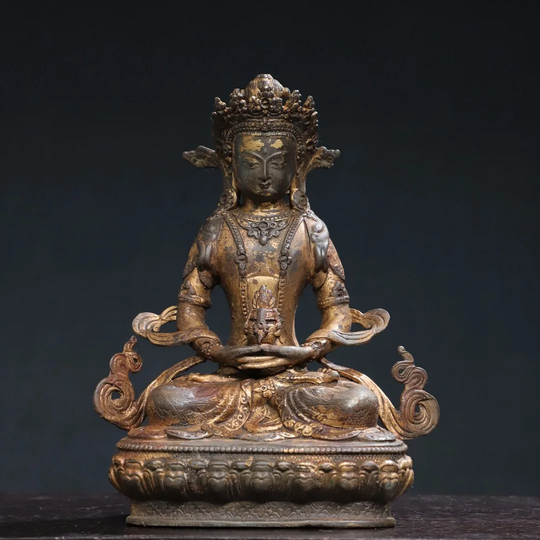 

9"Tibetan Temple Collection Old Bronze Cinnabar Mud gold longevity Amitayus Buddha Lotus Platform Worship Hall Town House