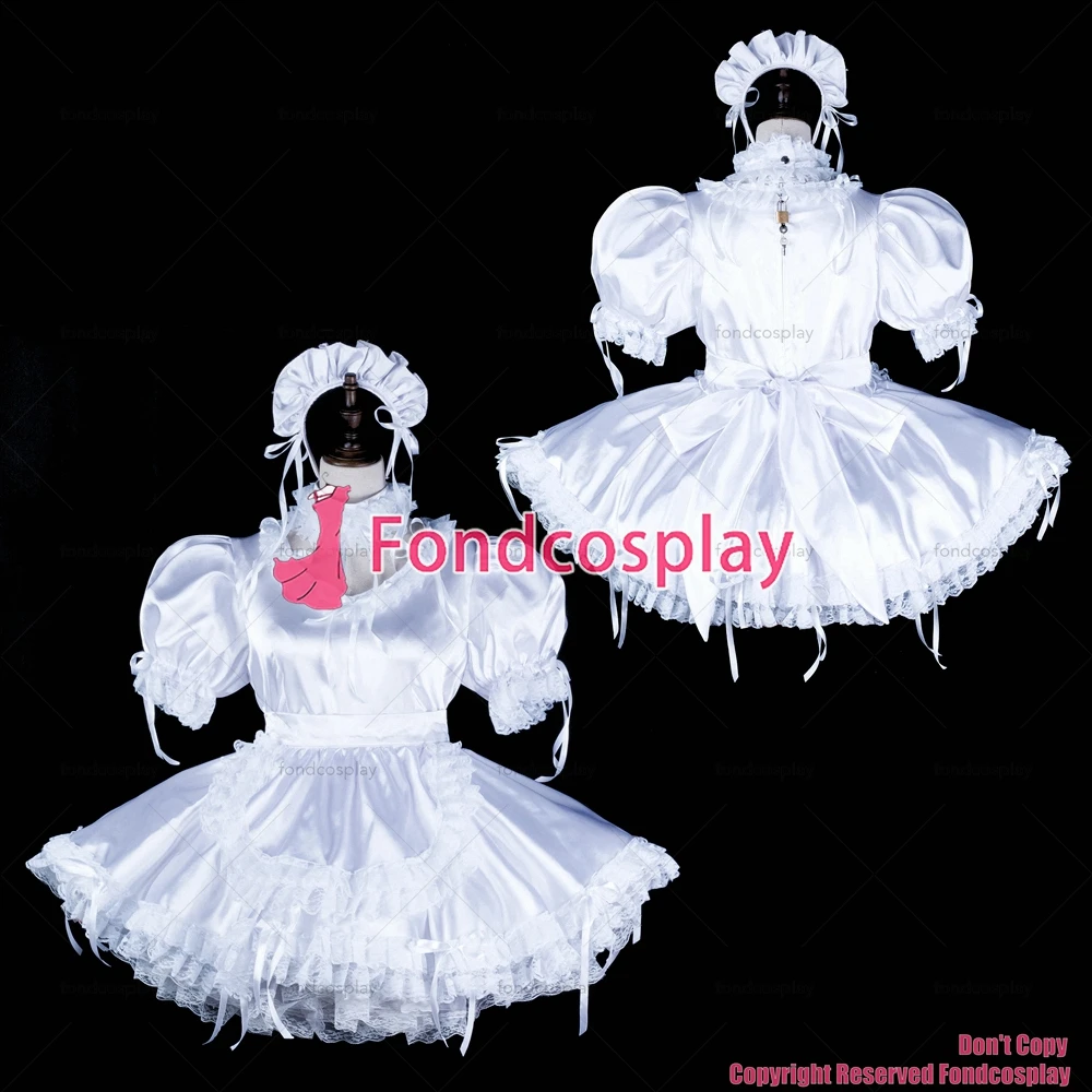 

fondcosplay adult sexy cross dressing sissy maid short white satin dress lockable apron Uniform costume CD/TV[G2326]