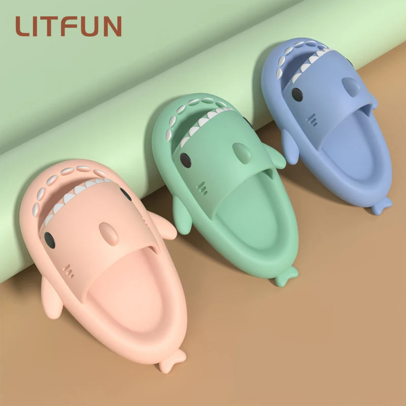 

Женские и мужские модные мягкие тапочки Litfun, Нескользящие сандалии для дома, пляжные шлепанцы, сланцы с акулами