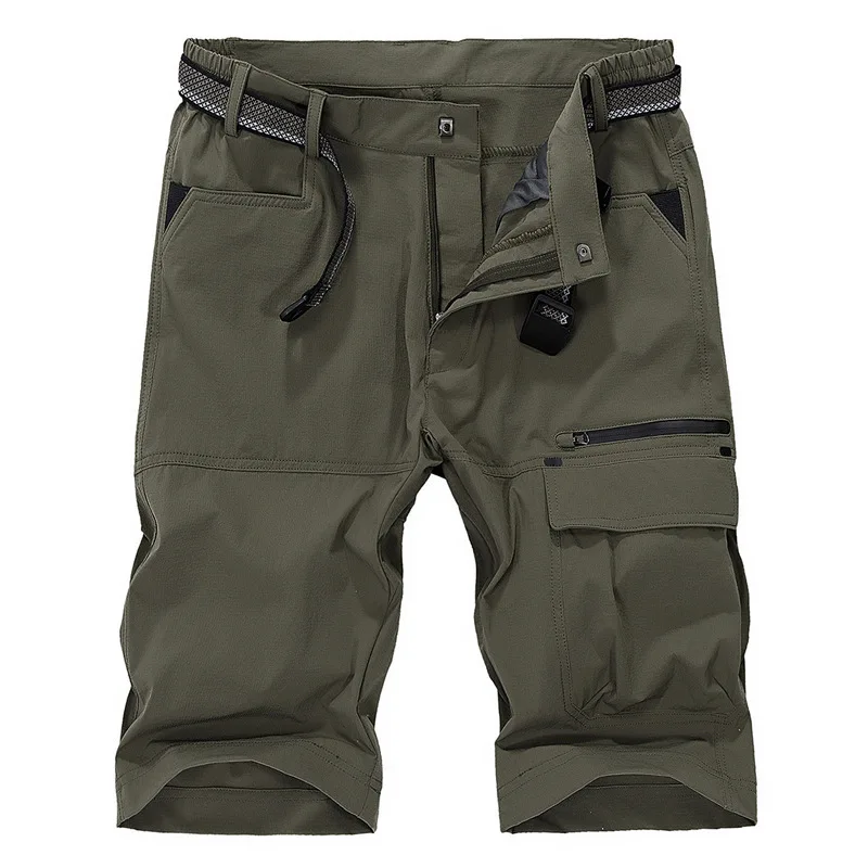 

Man Casual Sports Cargo Shorts Black Button Closure Zipper Pockets Hight Waist Drawstring Elastic Waistband Waterproof