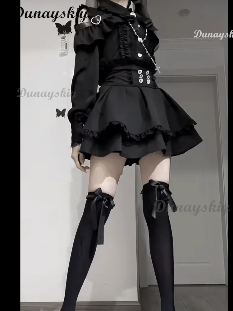Jirai kei Outfit Lolita Girls Blouse Top Женская рубашка с длинным рукавом Kawii Bow Черные юбки Рубашки Y2K Sweet Japanese Lady Style Set (art.: 3920ccd760a1f) - 3920ccd760a1f