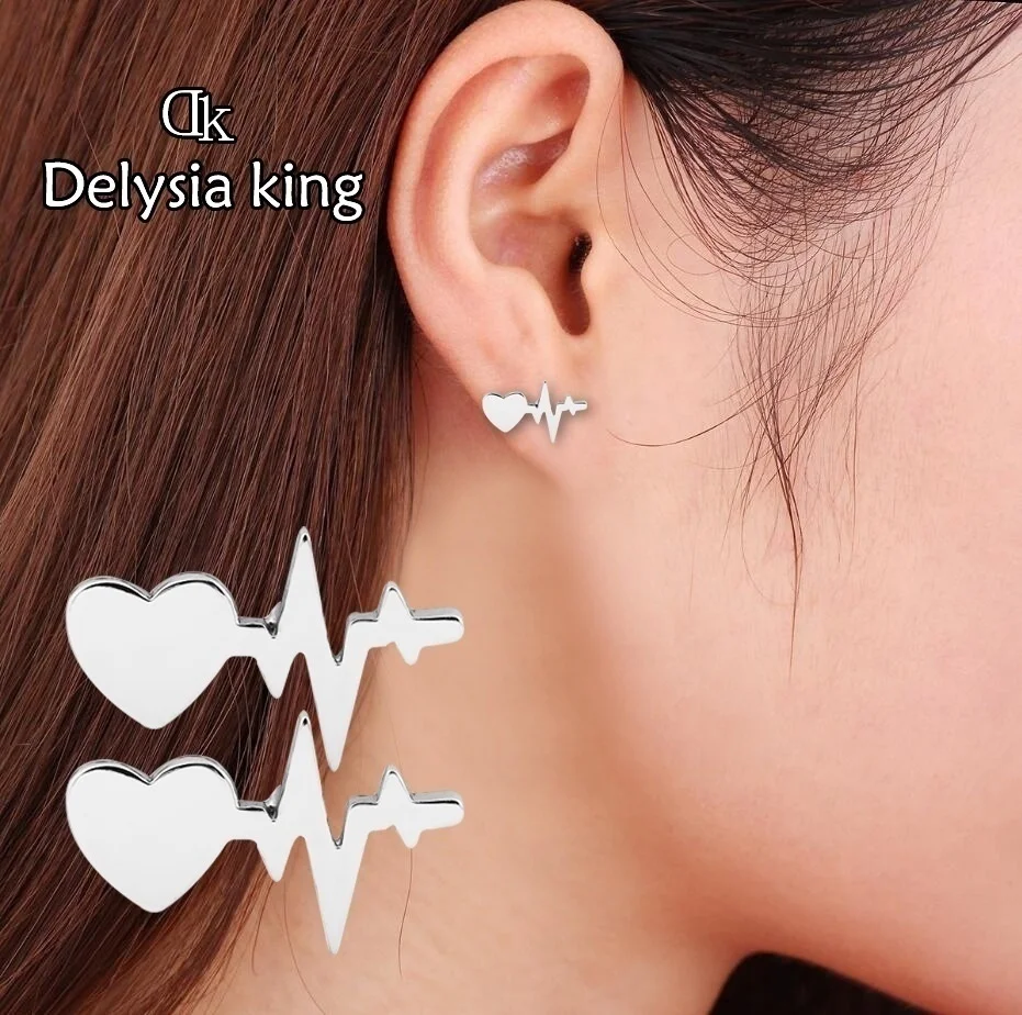Delysia King Cute Women Electrocardiogram Stud Earrings Alloy Trendy Heart Beat Earring Girlfriend Gift