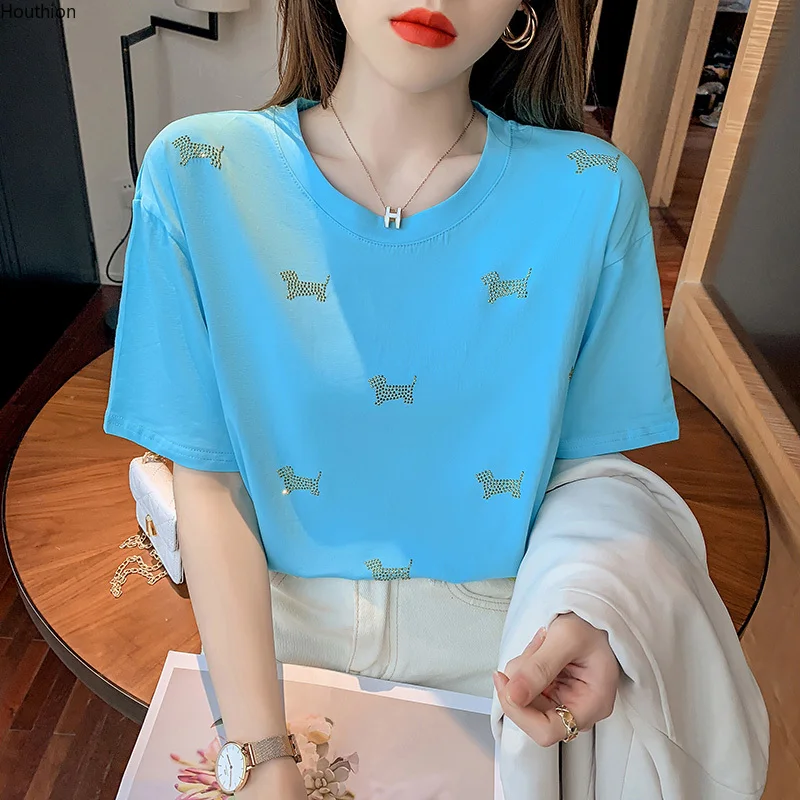 

Houthion Cotton Regular Women's T-shirt Fashion Short Sleeve Diamond 2021 Print O-neck T Shirt Summer New Casual T-shirts