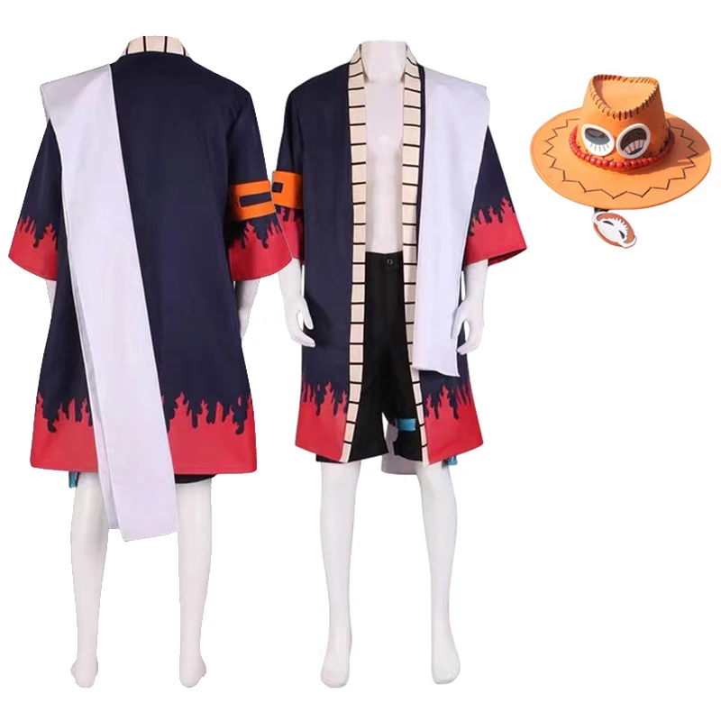 

Anime One Piece Portgas·D· Ace Cosplay Men Costume Outfits Hat Long Coat Short Pants Set Male Halloween Carnival Role Play Suit