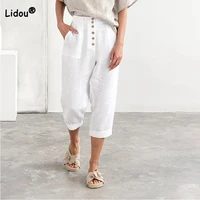 spring summer casual breasted patchwork pockets loose solid mid waist nine points pants women white oversized wide leg trousers
