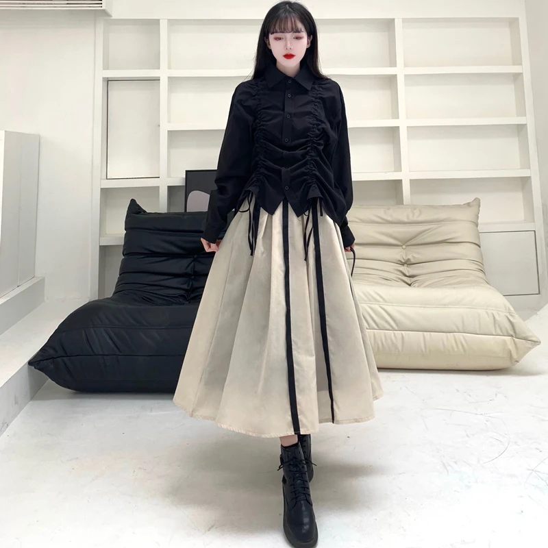 

2022 Autumn Korean Version Two-piece Suit Women Fashion Design Loose And Thin Long-sleeved Shirt+High-waisted Skirt 2-piece Set