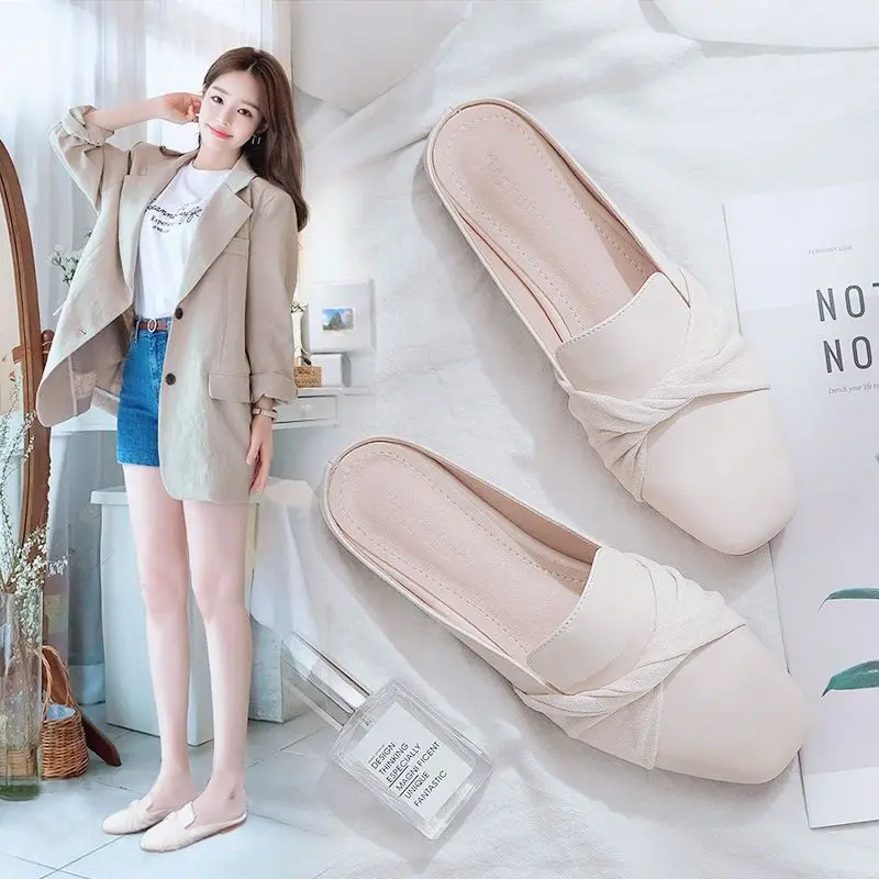 Zapatos De Mujer Women Cute Beige Round Toe Spring Slip On Flats Shoes Ladies Casual Summer Slippers Simple  Loafers