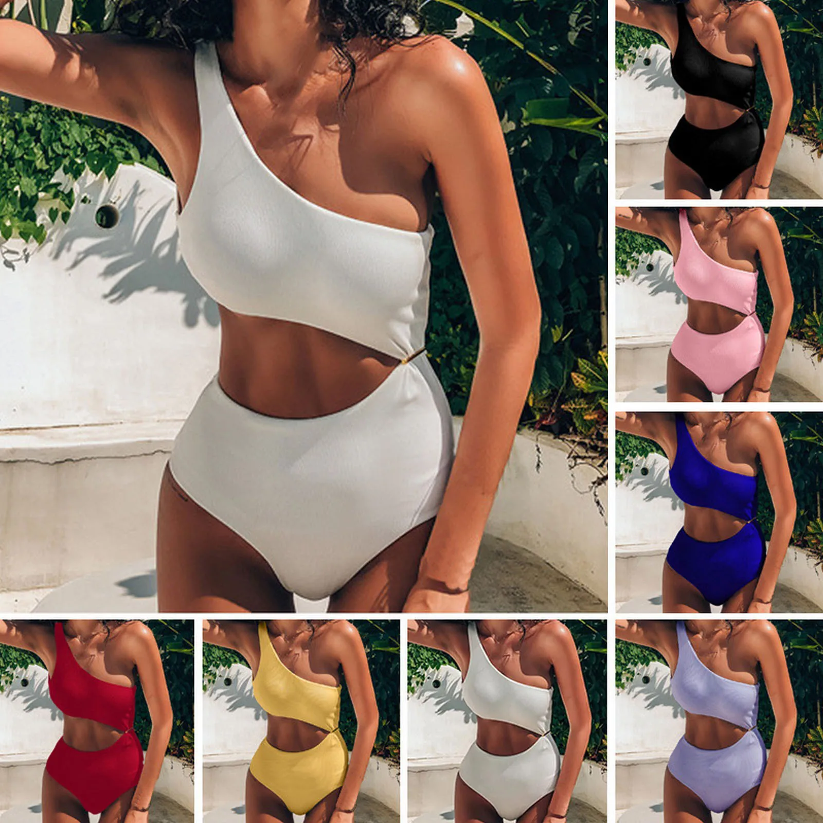 

Цельный купальник на одно плечо с вырезами для женщин, однотонный черный, белый сексуальный купальник с вырезами, 2023, купальные костюмы, пляжная одежда