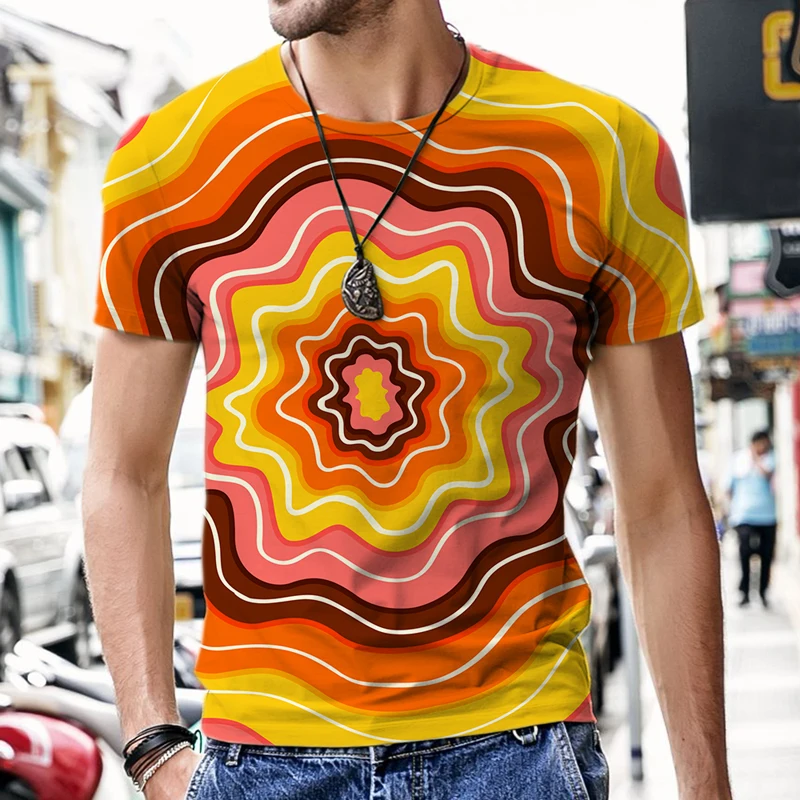 

Men's T-shirt Shorts Set Harajuku Abstract Dazzling Pattern Style Tees Breathable Cool Funny Oversized Tops Male Clothes O-Neck