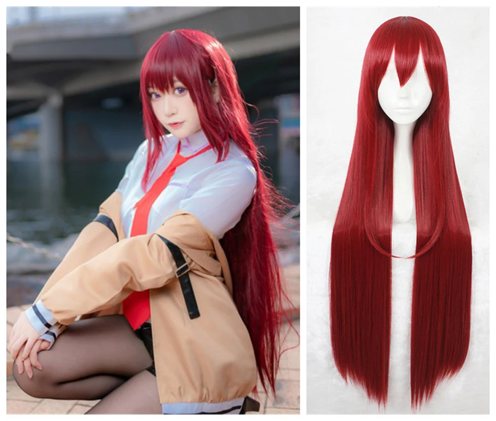 Купи Anime Steins Gate Makise Kurisu Christina Assistant Red Long Straight 100cm / 1M Synthetic Hair Cosplay Wig +Wig Cap за 1,175 рублей в магазине AliExpress