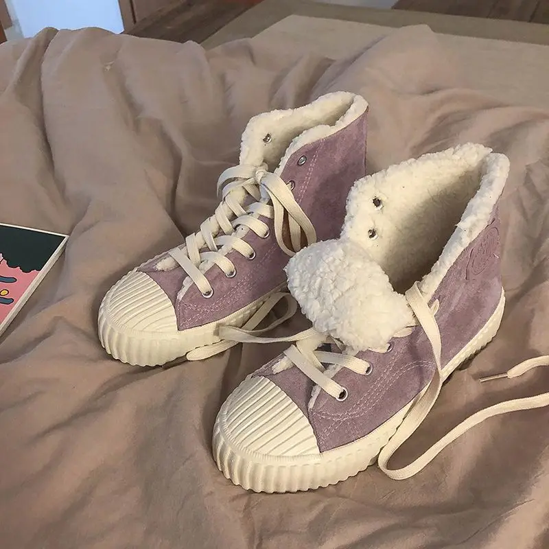 

Зимние дизайнерские женские теплые фиолетовые кроссовки с высоким верхом, кроссовки на толстом каблуке, повседневные холщовые кроссовки на платформе для бега с бархатной подкладкой
