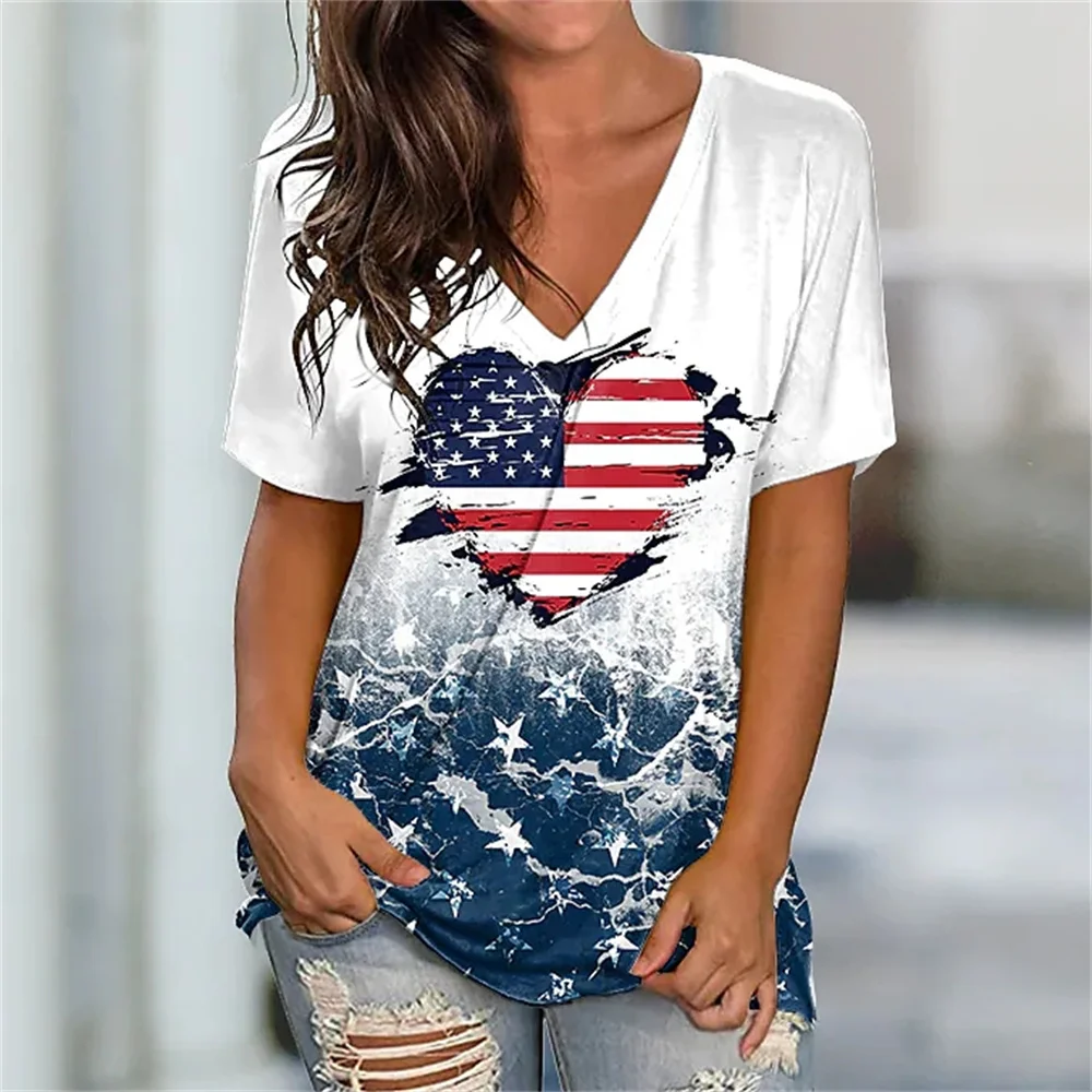 

Women's T-shirt American Flag Print V-neck Short Sleeve Gradient Pattern Clothing Women's Fashion Top Sports T-shirt Street Tees
