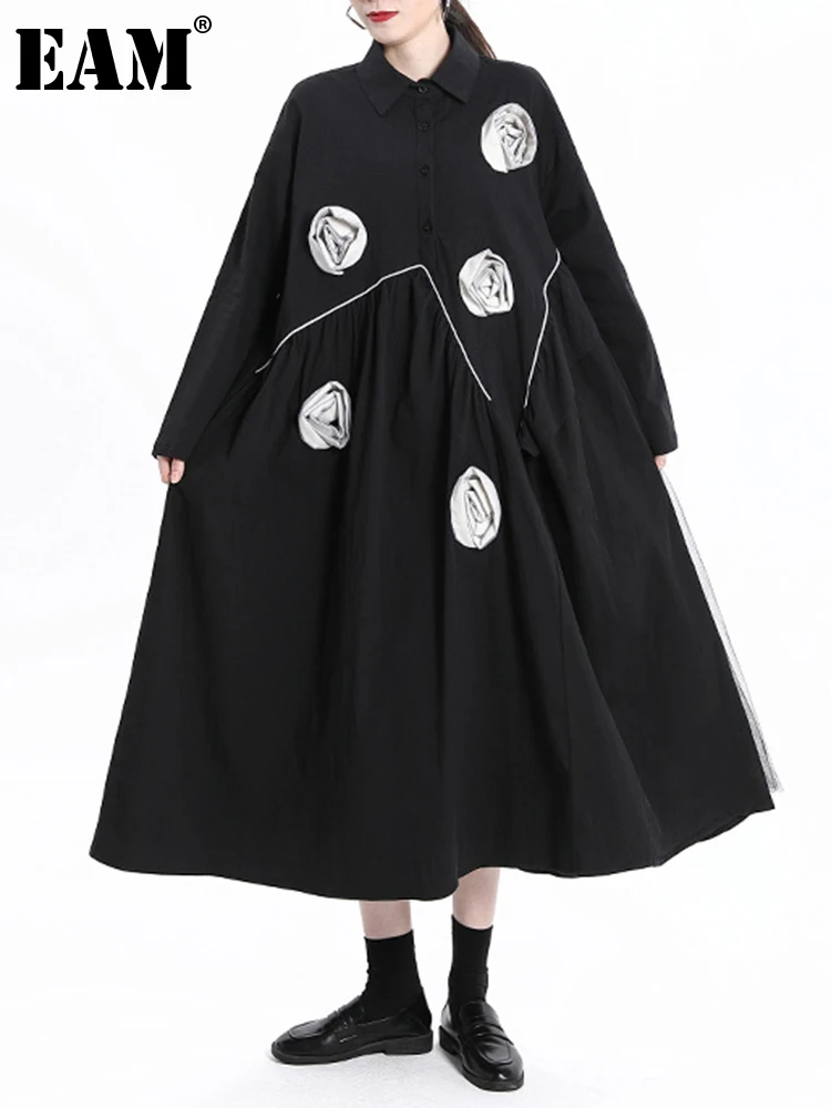 

Женское платье-рубашка EAM, Черное длинное платье-рубашка большого размера со стереоскопическим цветком, с отворотом, с длинным рукавом, весн...