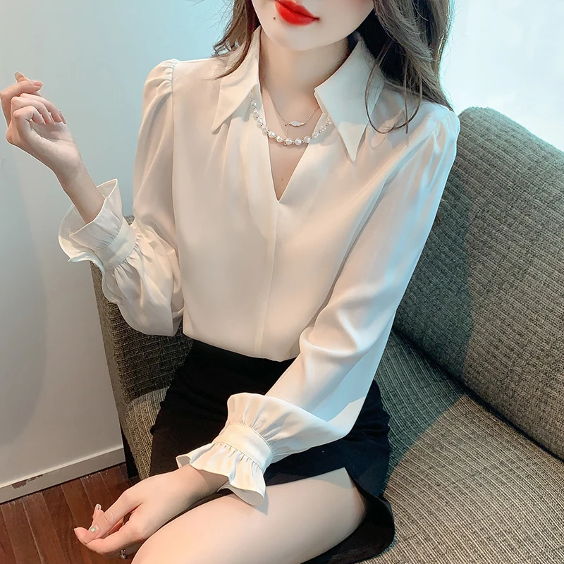 

2023 Fashion Office Lady Elegant Long Sleeve Chiffon Blouse Women V Neck Tops Casual White Shirts Female Clothing Blusas 24564