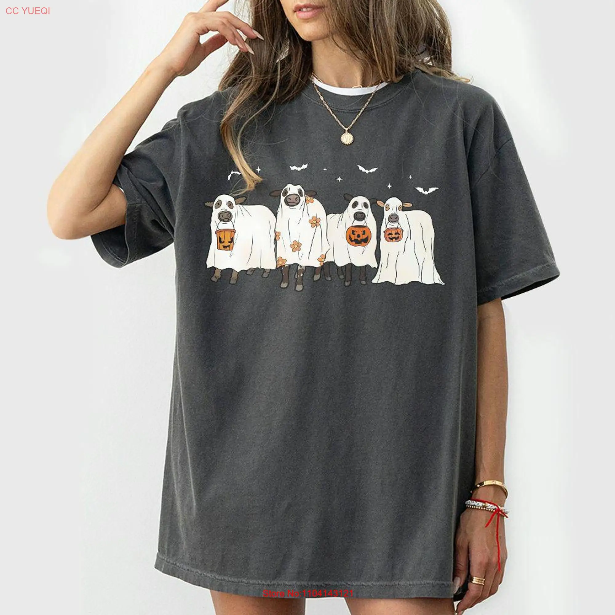 Blvckstyle Хэллоуин коров футболка призрачный кремовый шейный пот длинные или