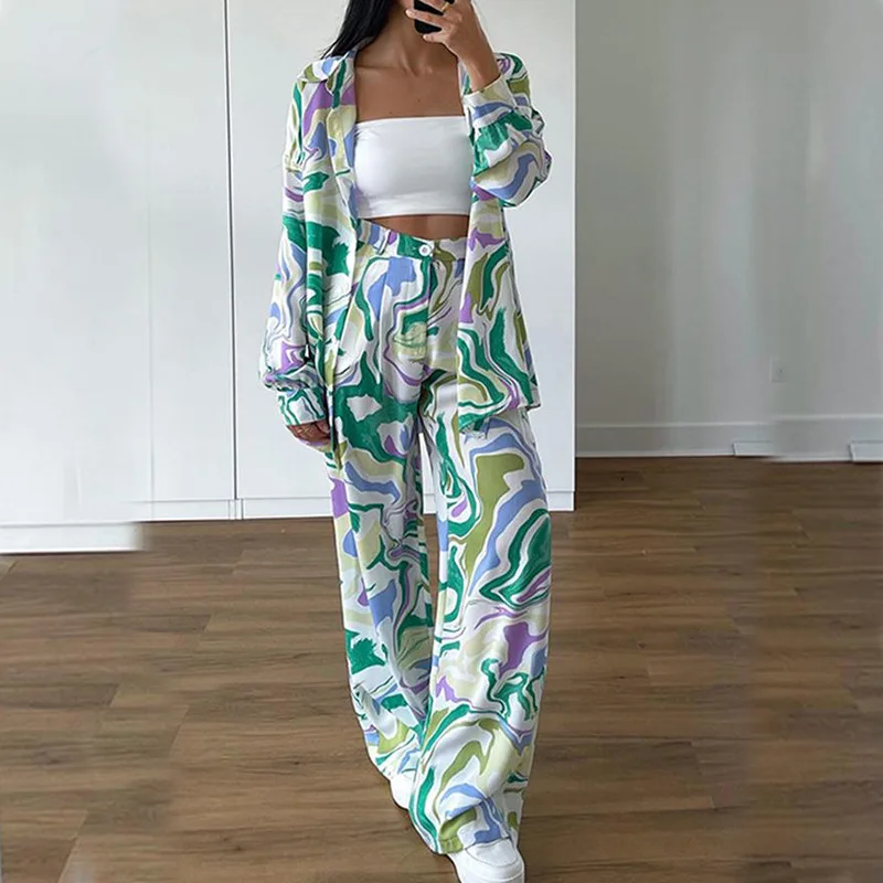 

Women Printed Pant Set Female Long Sleeve Shirt +High Waist Wide Leg Pants Two Piece Matching Set Autumn And Soring Joint Suit