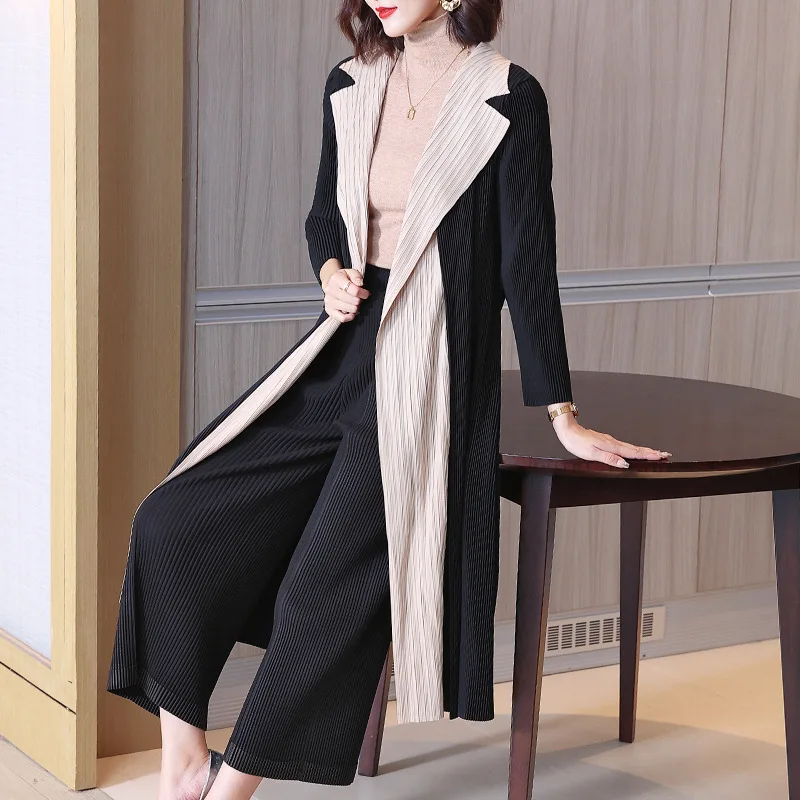 

Miyake Pleated Windbreaker Women Clothing 2022 Autumn New Contrast Color Suit Collar Long Sleeve Lace Up Casual Mid-Length Coat