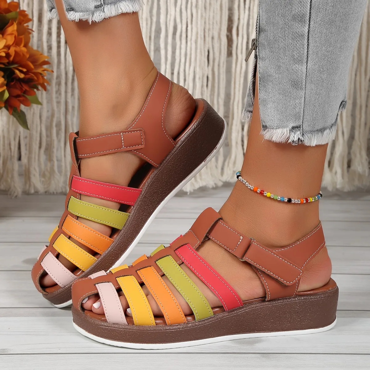 Colorful Strappy Sandals Woman Retro Wedge Gladiator Sandalias Ladies Summer Casual Platform Beach Shoes In Brown Blue