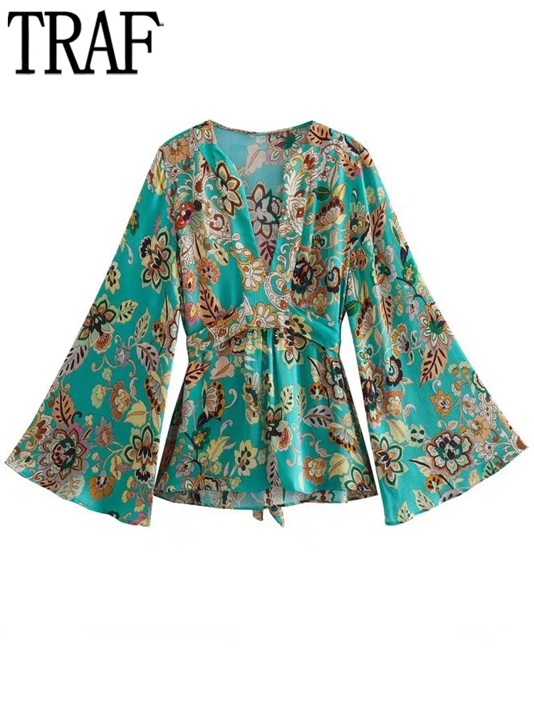 

TRAF 2022 Floral Blouses Women Print Loose Shirts Woman Summer Chiffon Blouses and Shirts for Women Wide Sleeve Belt Top Female