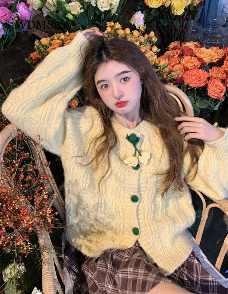 

WDMSNA Sweet Japanese Long Sleeve Thick Sweater Soft Single Breasted Knitted Cardigans Autumn Loose Casual Cardigan Women Top
