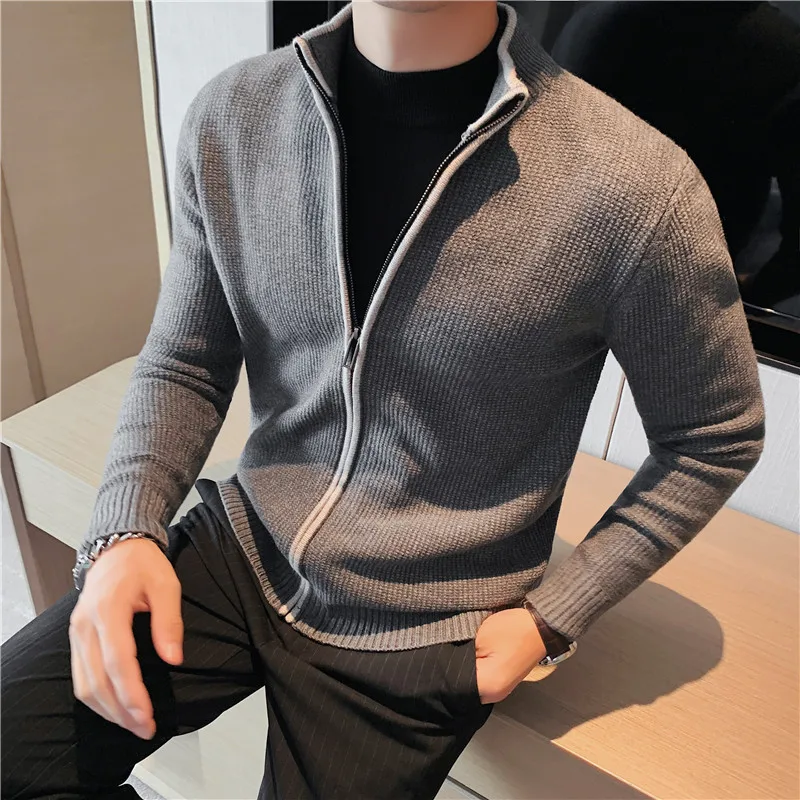 Winter thick men's knitted sweater jacket gray long-sleeved cardigan wool full zipper men's casual plus size clothing autumn