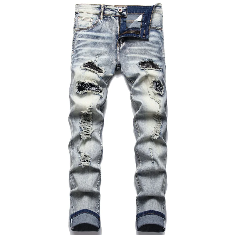 Men's Clothing Vintage Light Blue Holes Ripped Biker Jeans Motorcycle Casual Pleated Torn Stretch Denim Slim Pants Trousers Men