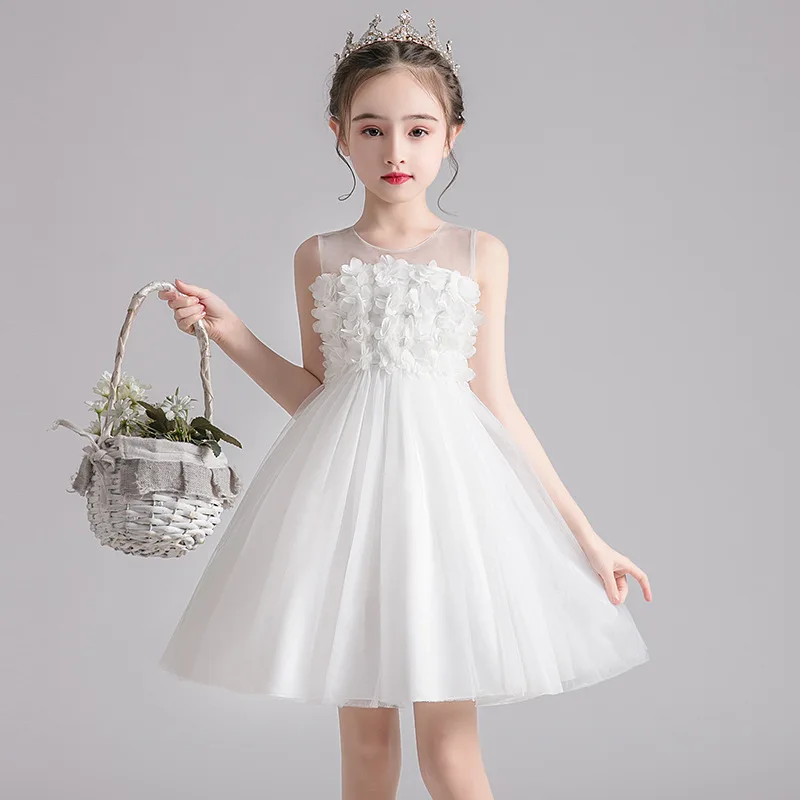 

Children's Wedding Dress Girls Dress 2022 Summer New Fashion Flowers Mesh Tutu Princess Dress White Party Dresses 3-12T