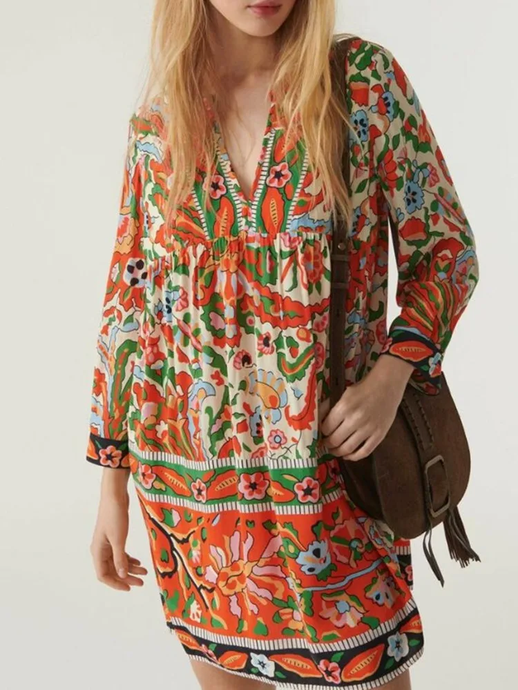 Female 2 Colors V-Neck V-Neck Robes Women Romantic Ethnic Style Printed Dress French 2023 Summer