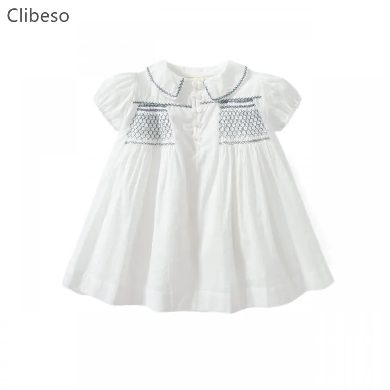 

Clibeso Children Smocking Dress for Girls Summer Baby Hand Made Smocked Cotton Dress Kids Embroiderr Frocks Peter Pan Collar