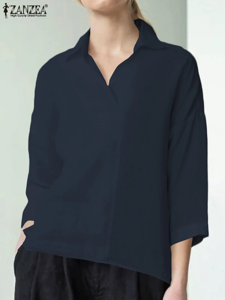 

Cotton Solid Color Bohemian Work Loose Tops Elegant Casual Oversized Chemise 2022 ZANZEA Women Summer 3/4 Sleeve Lapel Blouse