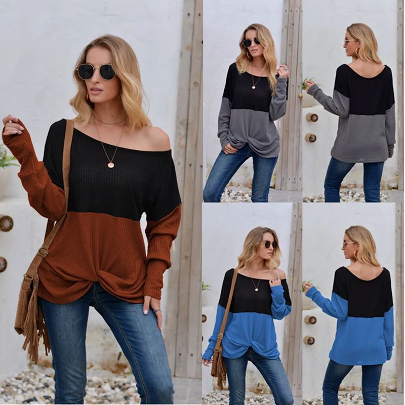 

Fashion O-Neck Long Sleeve Personality Twist Women's Casual Splicing Color Tee Shirt
