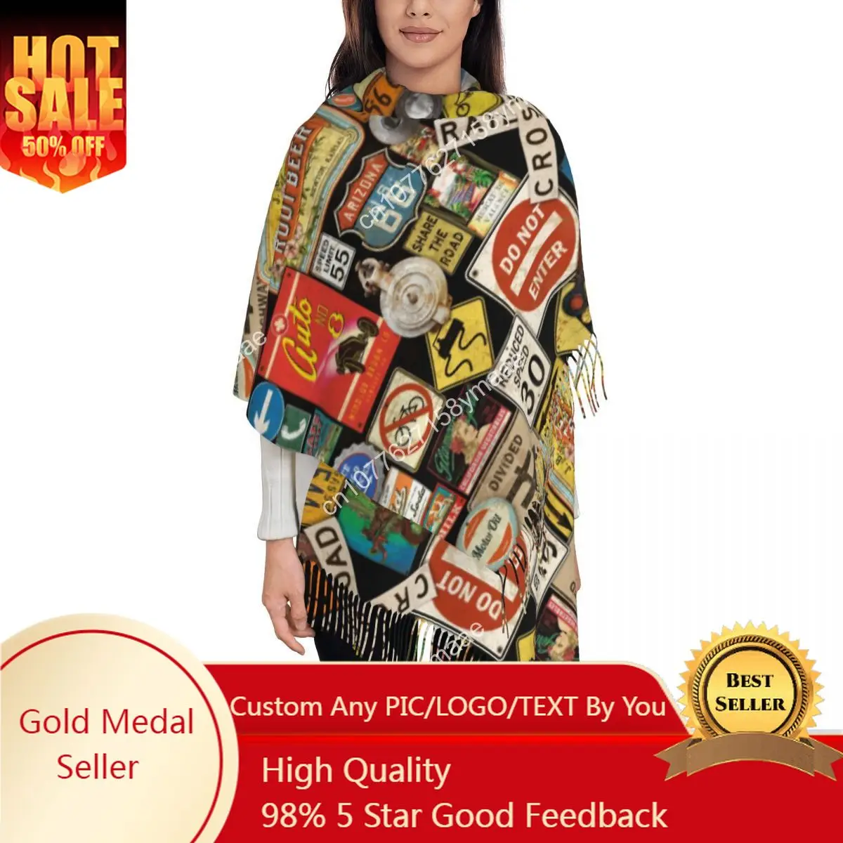 

Women's Tassel Scarf Old Americana Road Signs Large Winter Fall Shawl and Wrap Shabby Chic Route 66 Daily Wear Pashmina Scarves