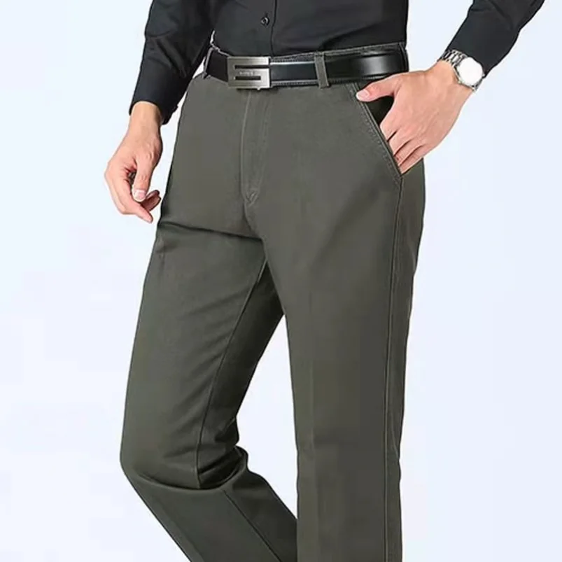 Summer Thin Autumn Thick Cotton Straight Suit Pants Men's Loose Trousers Business Solid Gray Khaki Casual Brand Clothes YYQWSJ images - 6